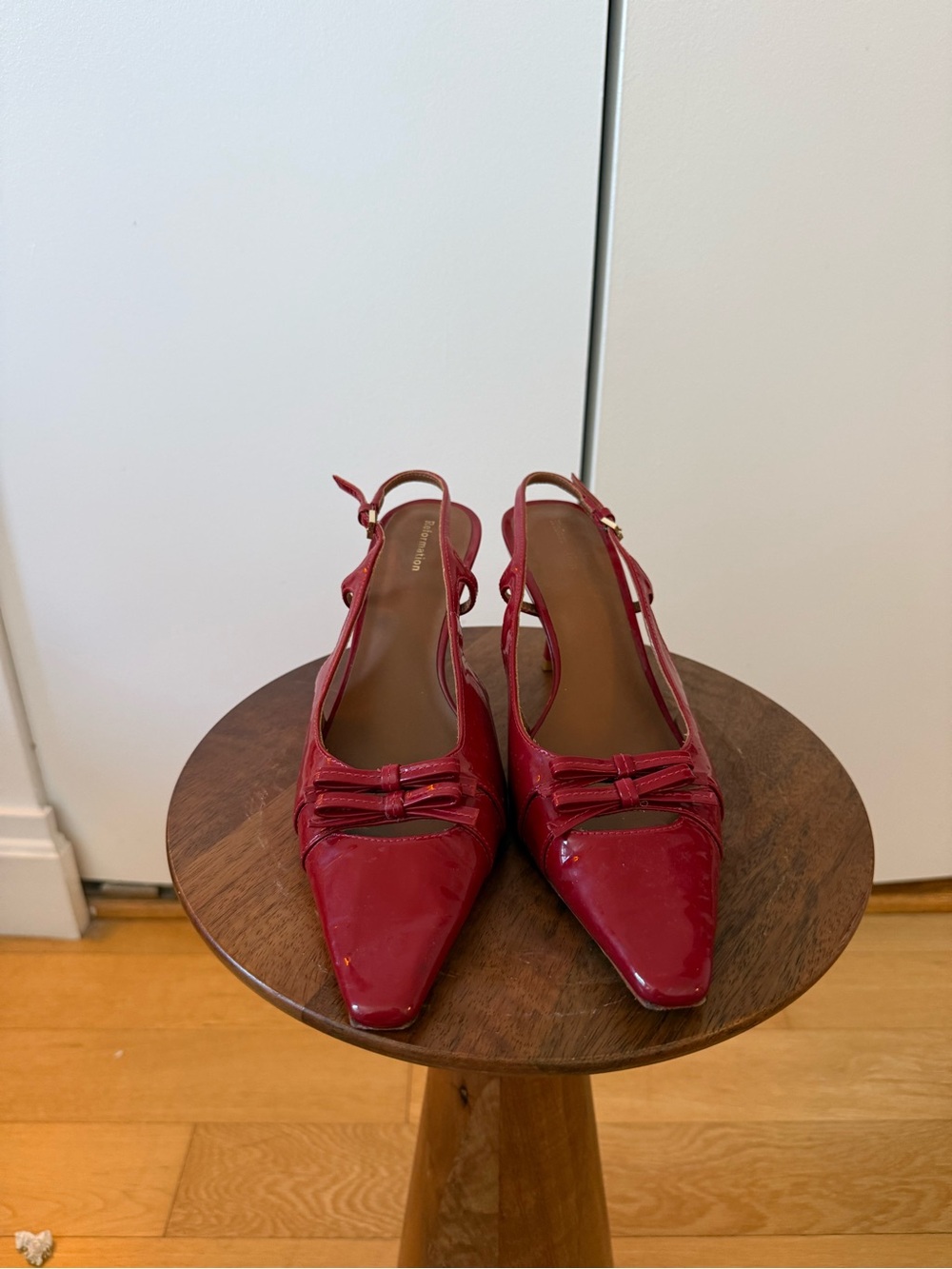 Reformation Red Patent Slingback Pointed-Toe Pumps with Bow